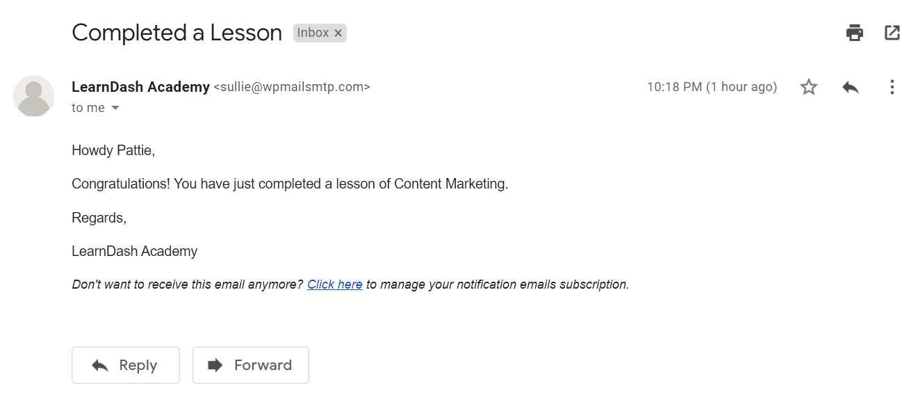 An email notification from LearnDash