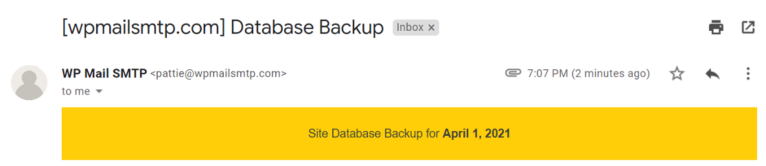 A database backup email notification from iThemes