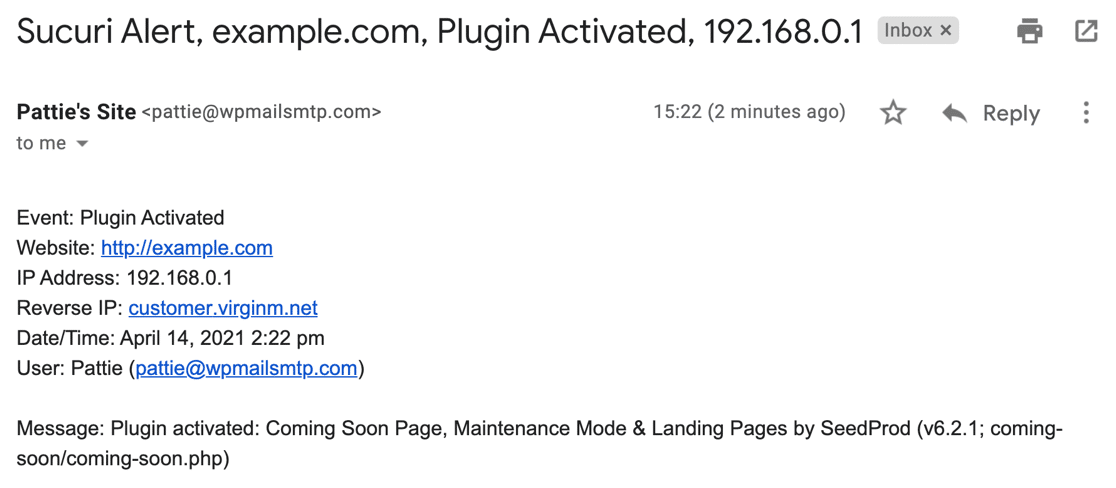 Example of a Sucuri email alert