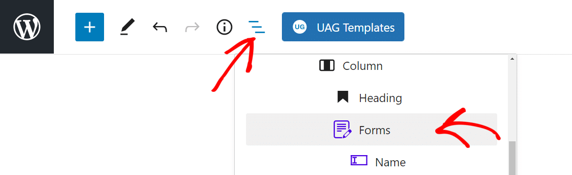 open the page outline and click on form of Ultimate Addons for Gutenberg