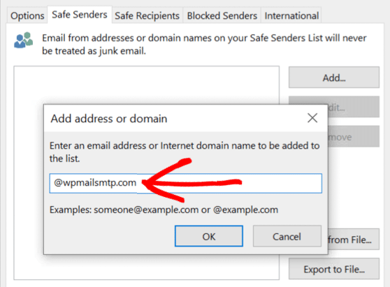 Add a domain to the Safe Senders list