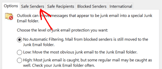 Safe Senders tab in Outlook