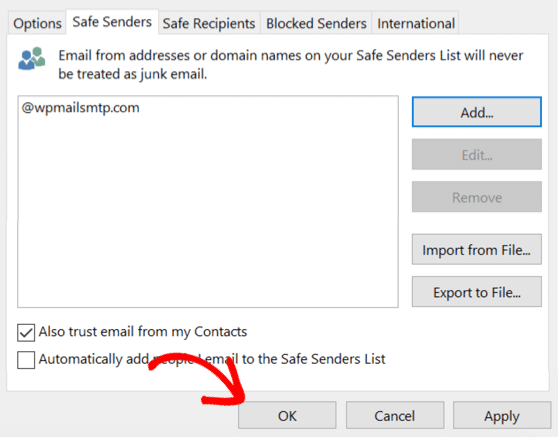 Save Safe Sender settings