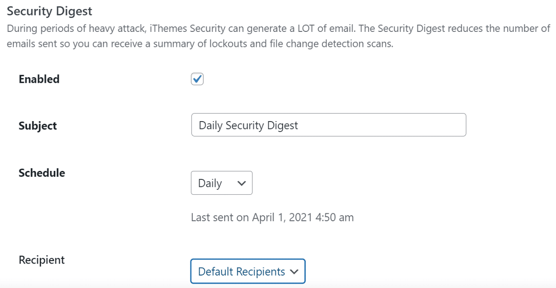 iThemes security digest email settings