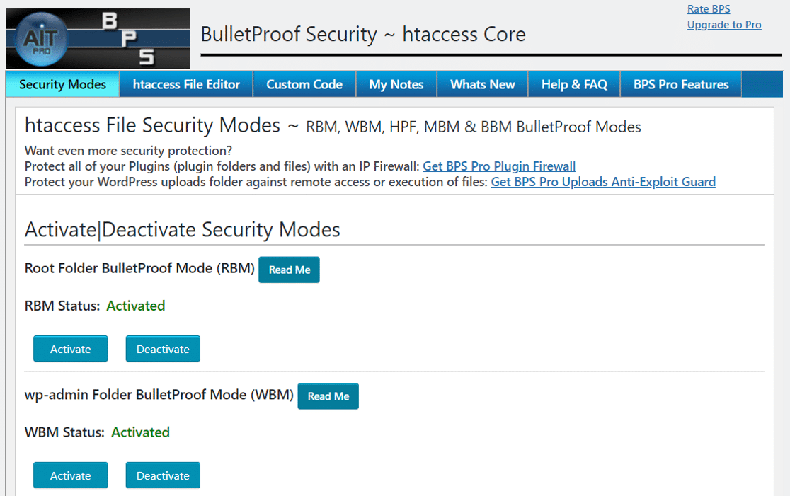BulletProof Security WordPress files security modes