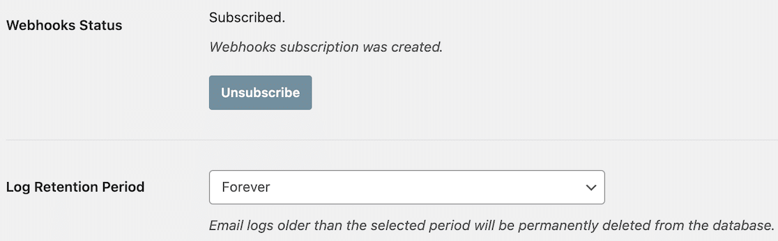 Access settings for webhooks and the log retention period via email log settings