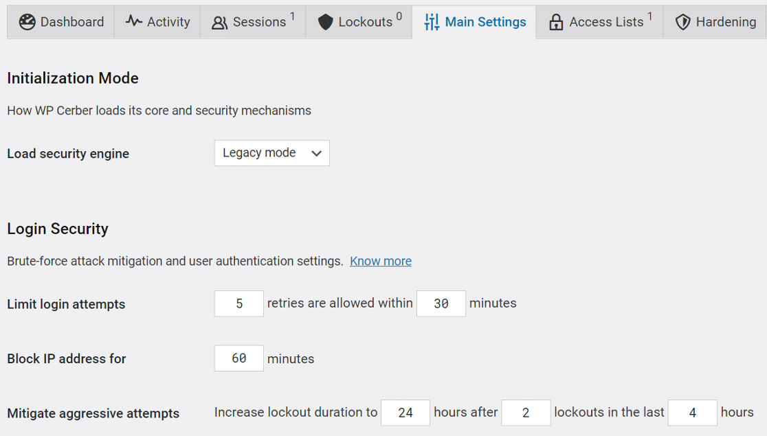 WP Cerber Security main settings