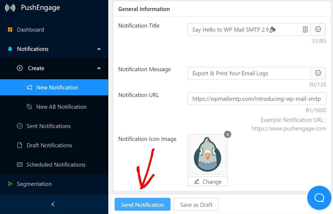 Creating a new notification in PushEngage