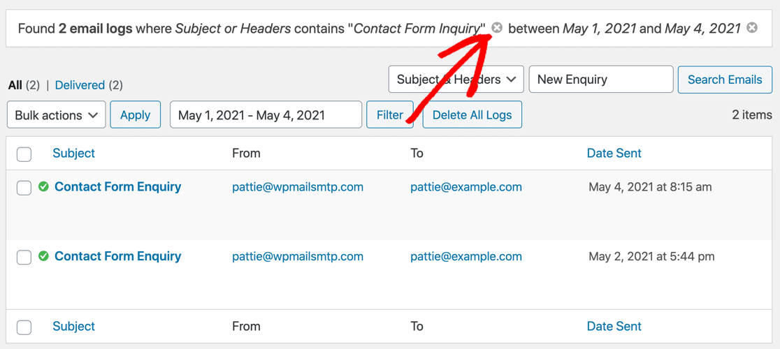 Email log filter in WP Mail SMTP