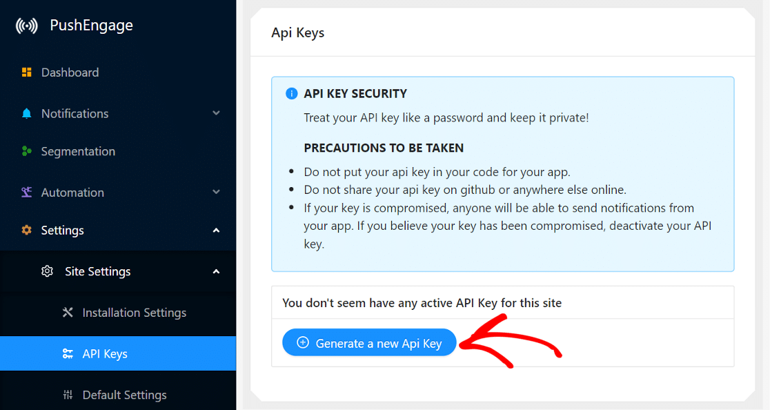 generate new API key in PushEngage for WordPress website