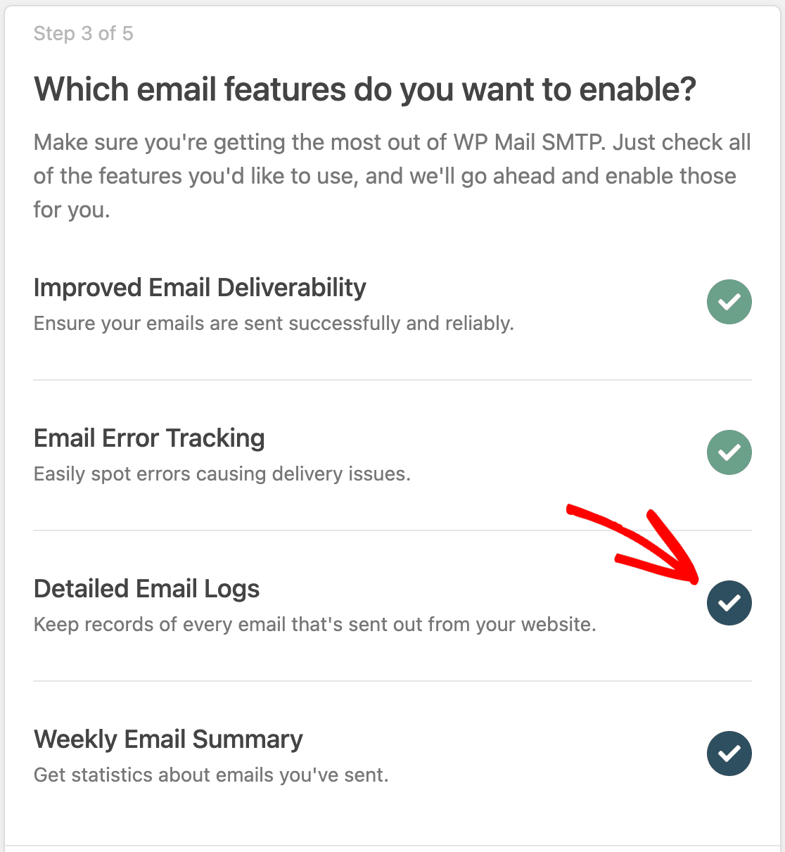 Enabling detailed email logs in the WP Mail SMTP Setup Wizard