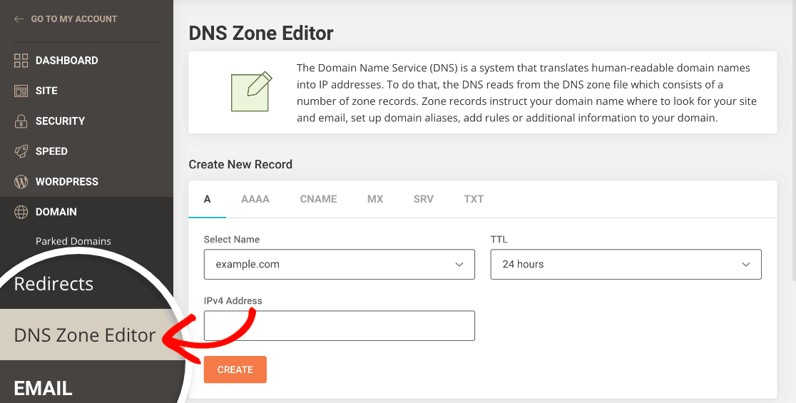 Opening the SiteGround DNS Zone Editor