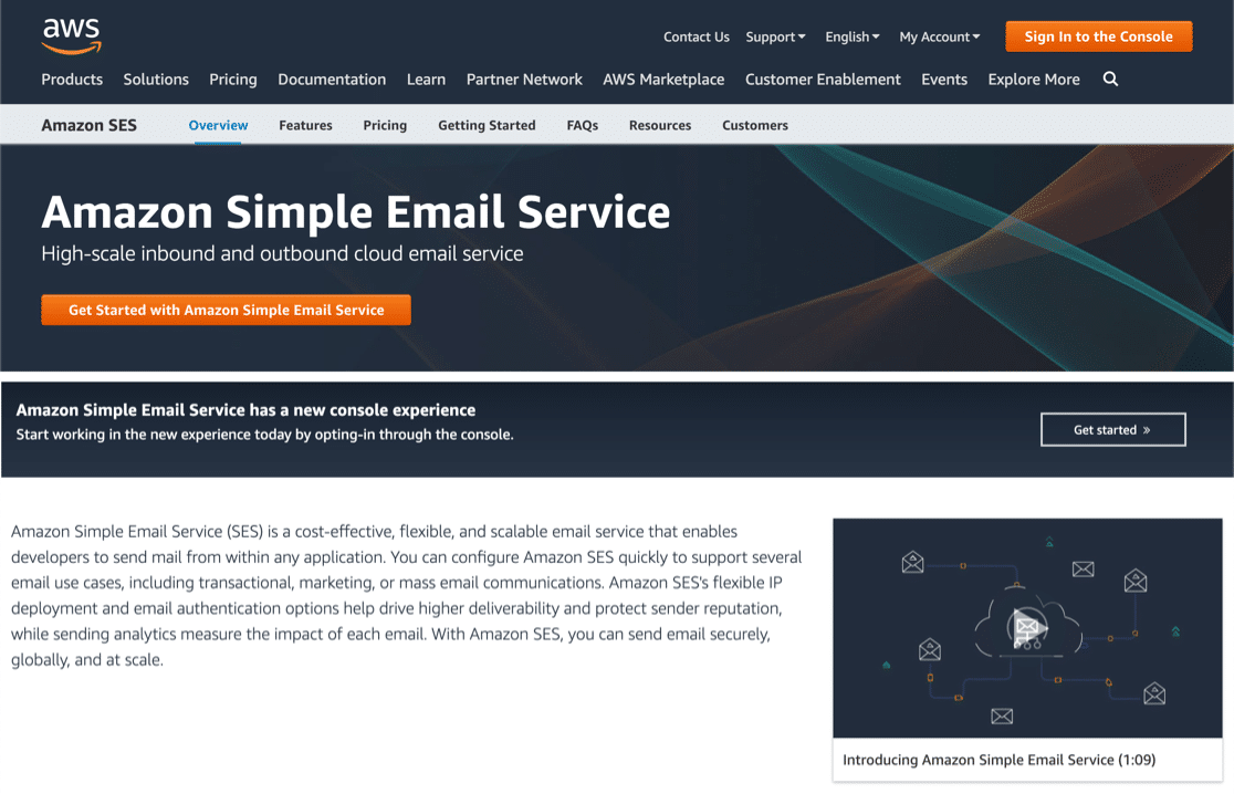 Amazon SES transactional email homepage