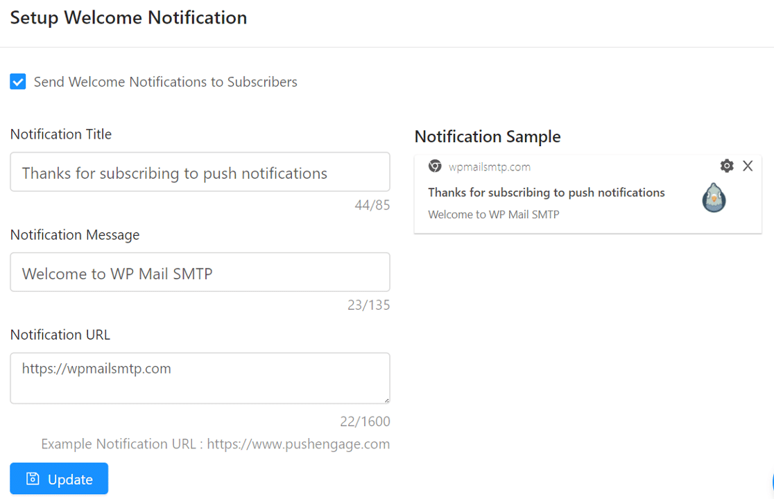 Setup welcome push notification WordPress