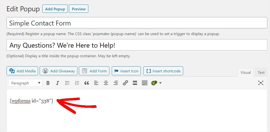 wpforms shortcode for form in wordpress popup form