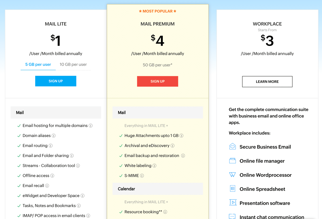 Zoho Mail pricing