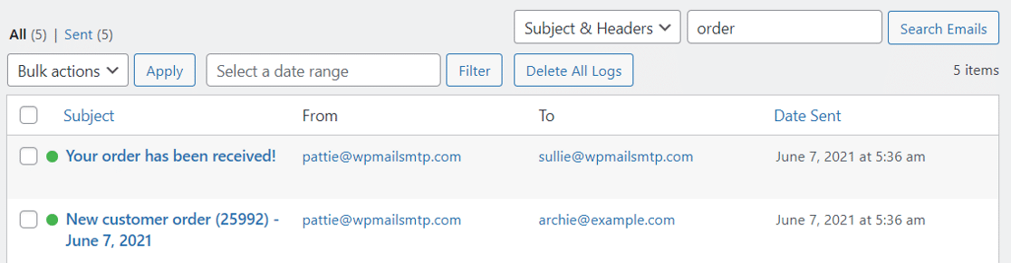WP Mail SMTP email log search WooCommerce