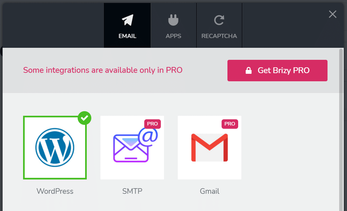 Choose WordPress to send Brizy contact form emails