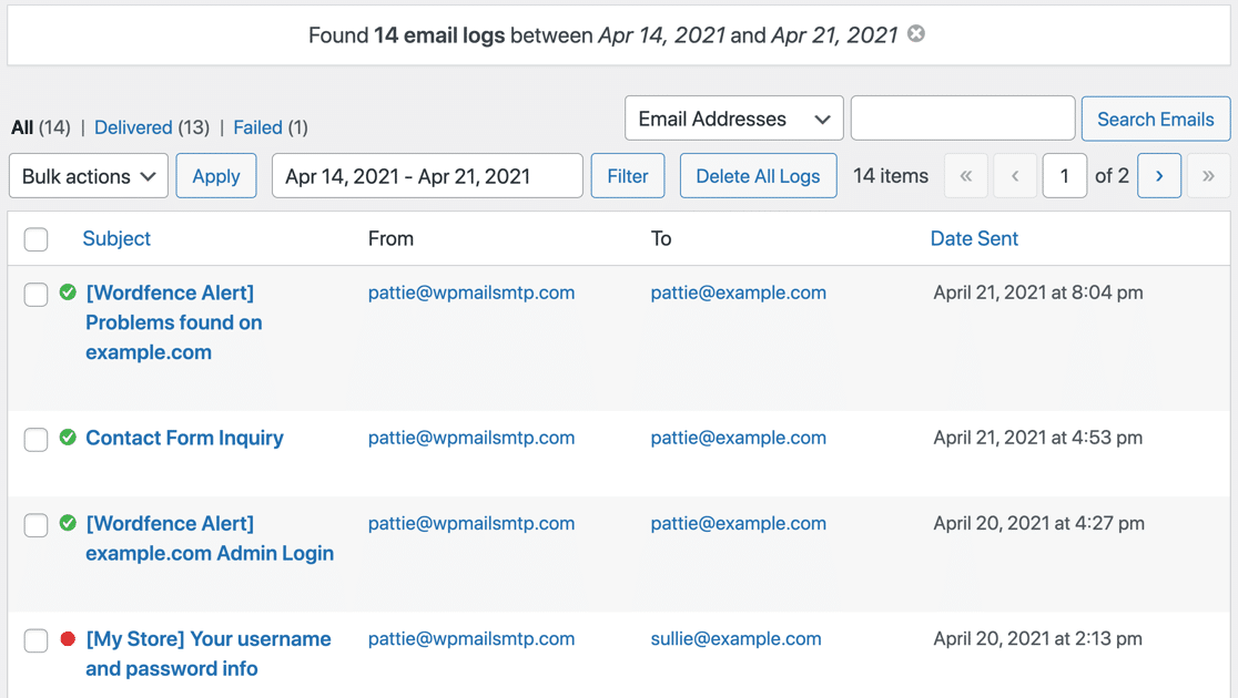 Email log filtered by date in WordPress