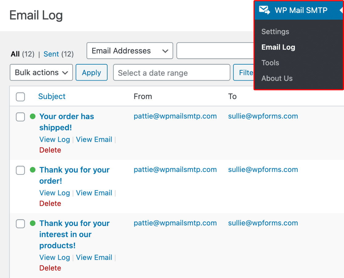 Email log in WP Mail SMTP