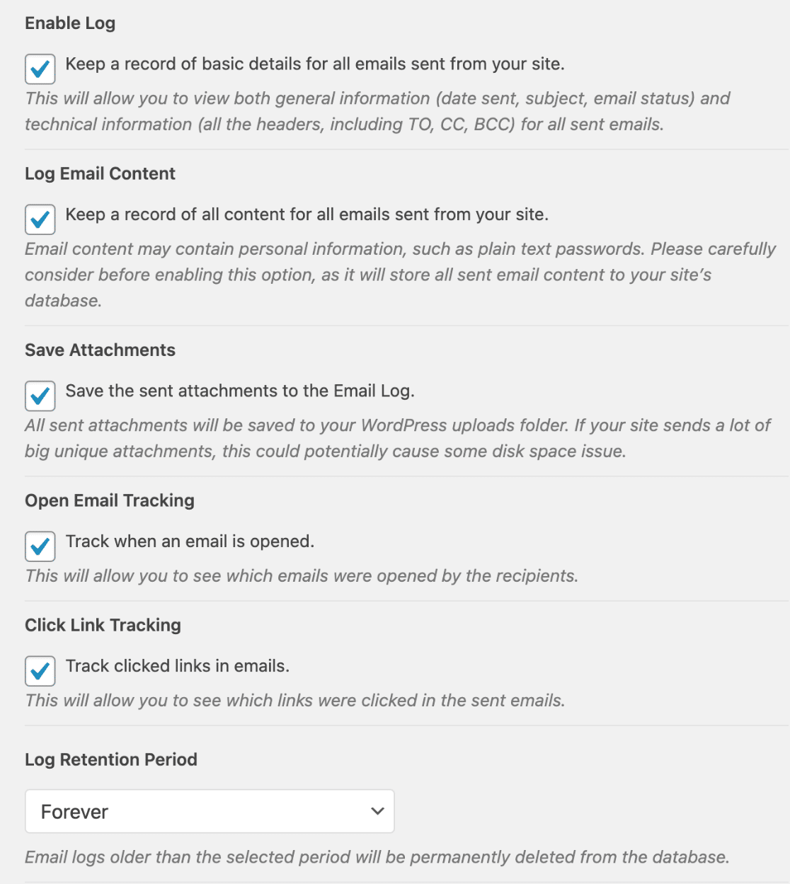 Email logging options