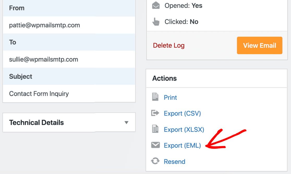 EML export in WordPress email log