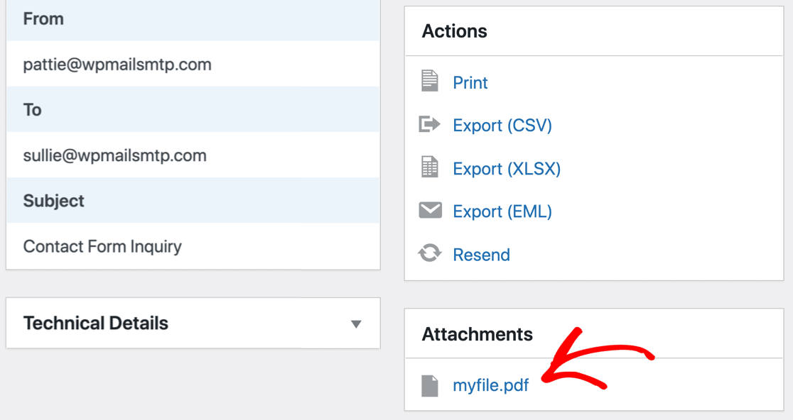 File attachment in WordPress email log