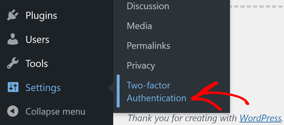 go to two factor authentication in WordPress settings