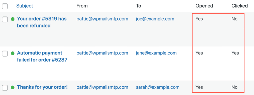 Opens and clicks in WordPress email log - WP Mail SMTP Ouvertures et clics dans le journal des courriels de WordPress