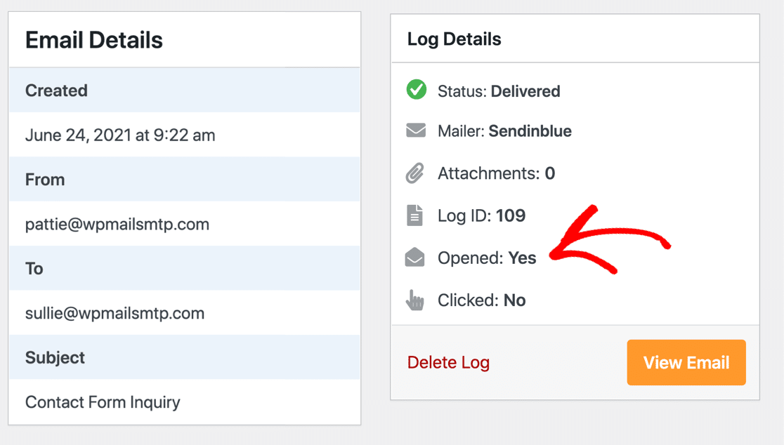 Open and click details in WordPress email log