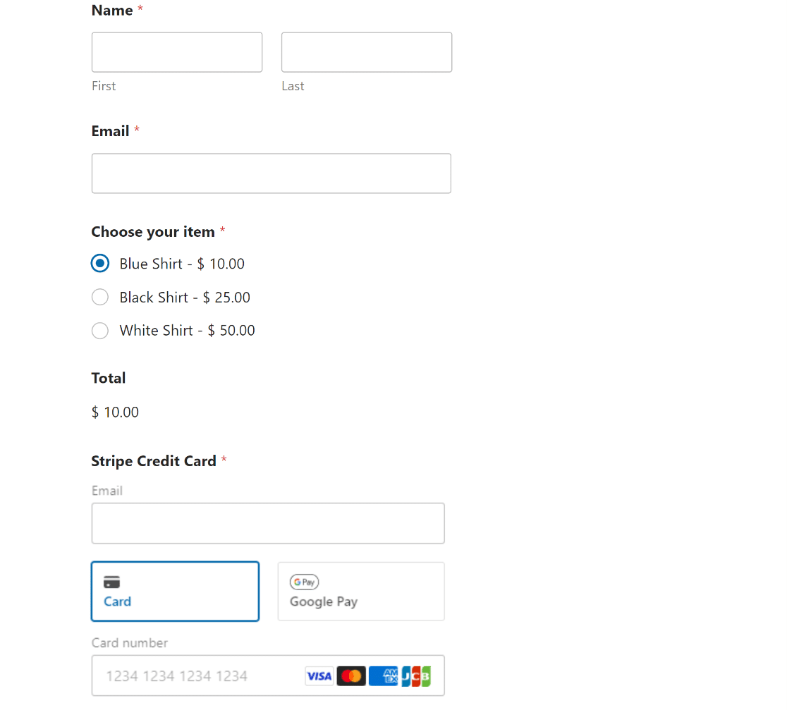 Stripe payment form