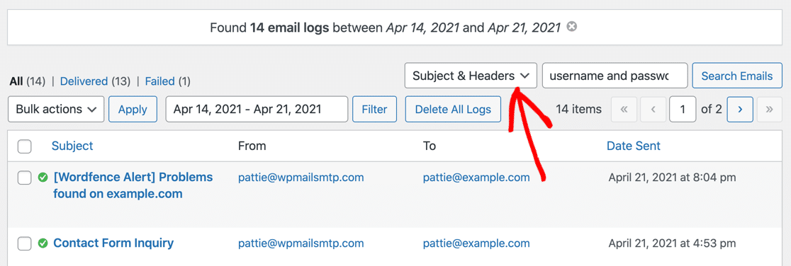 Search subject and headers in WordPress email log