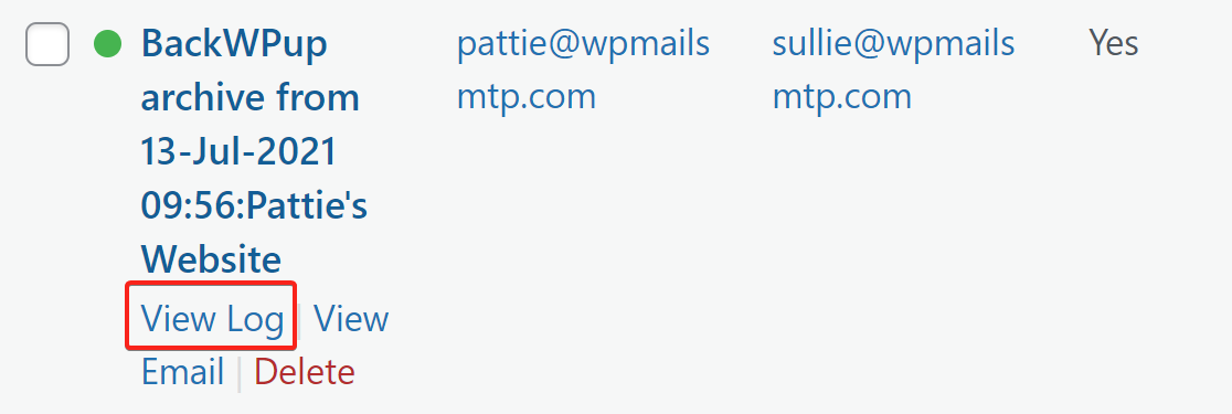 BackWPup backup email in log