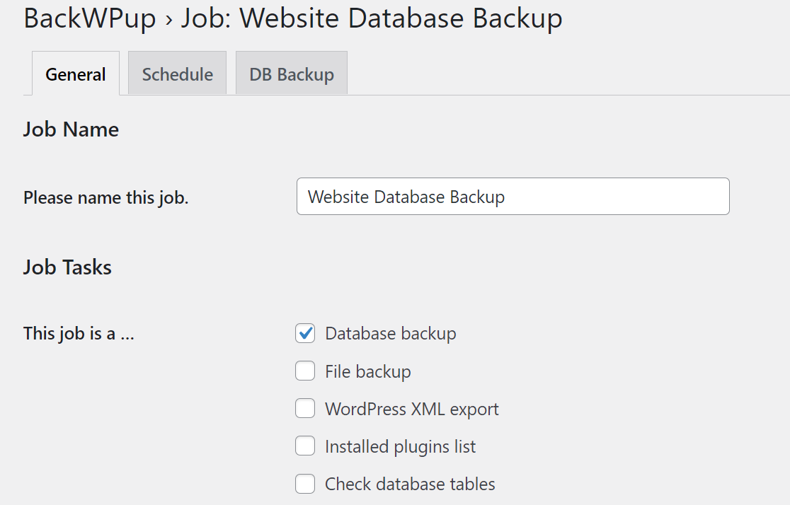 BackWPup job name and files