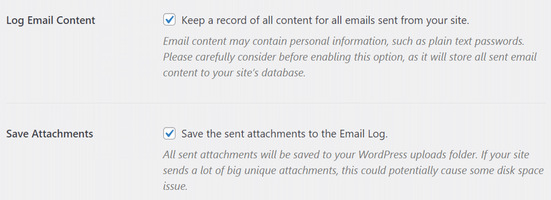 Enable email log content and save attachments