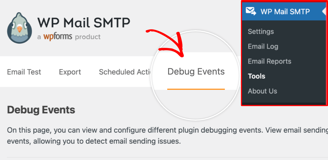 Accessing the Debug Events tool