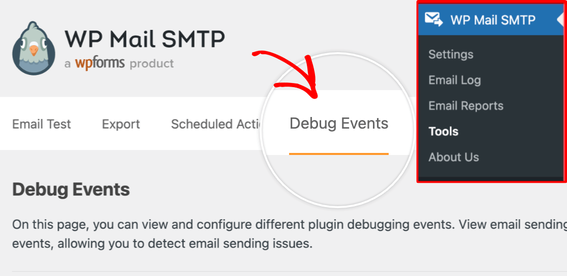 Navigating to the debug events tab in dashboard tools