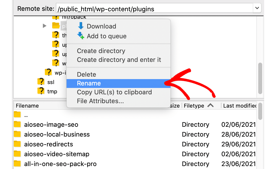 WordPress critical error: rename plugins folder with FTP