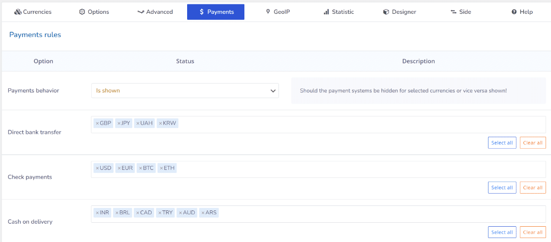 Currency switcher payment settings