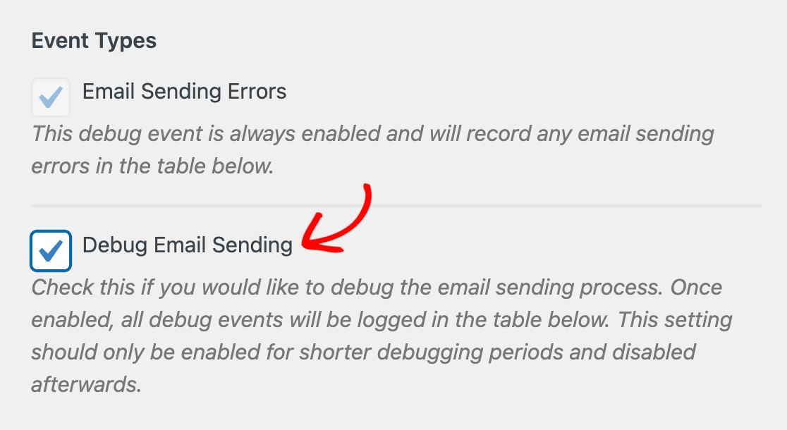 Enabling the Debug Email Sending debug event type