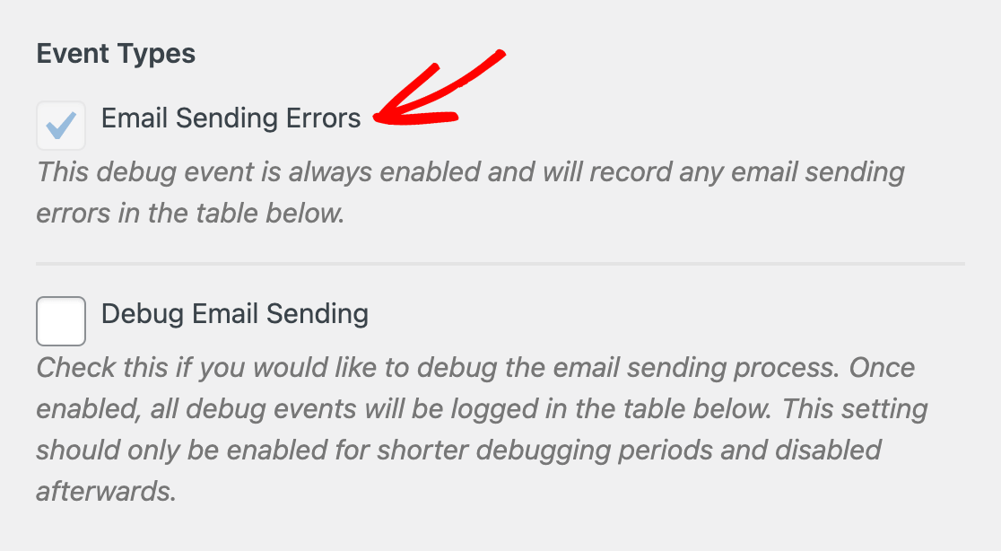 The Email Sending Errors debug event type