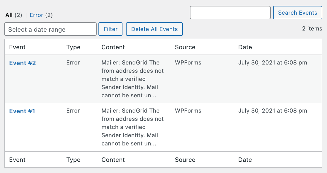 The Debug Events table