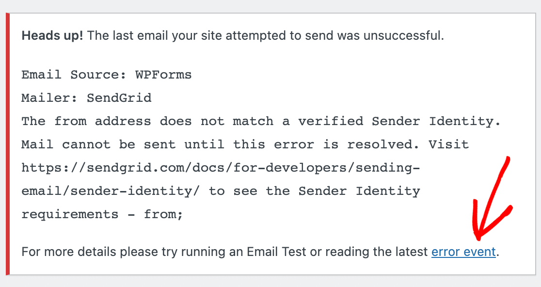 The error event link in an email sending error message