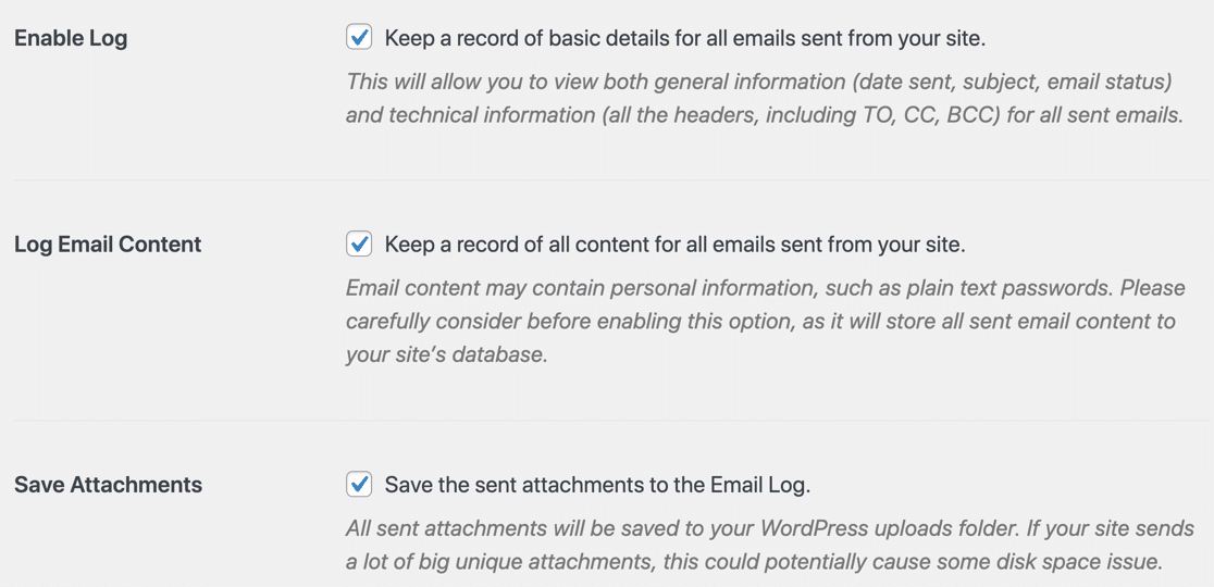 Email log attachments settings