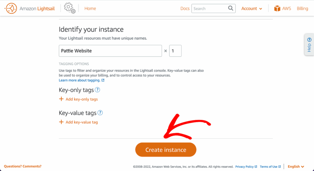 name your lightsail resource - WP Mail SMTP nomear o seu recurso de lightsail
