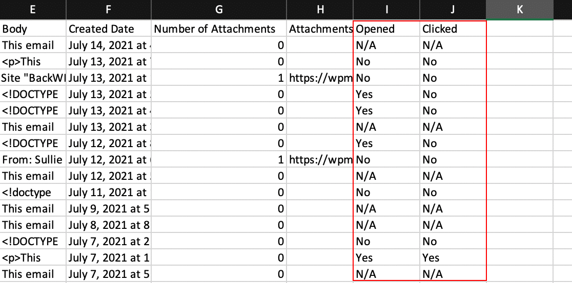 Open and click information in email log export CSV