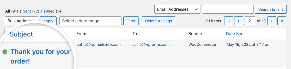 Opening a WooCommerce email log in WP Mail SMTP