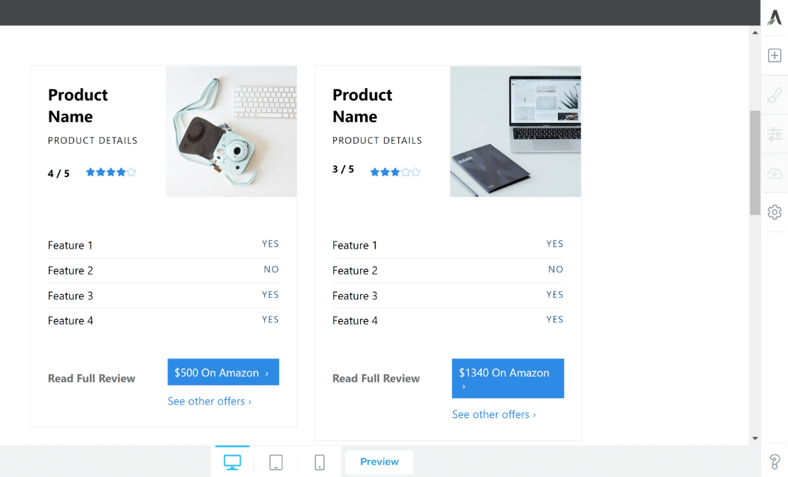 Product comparison block