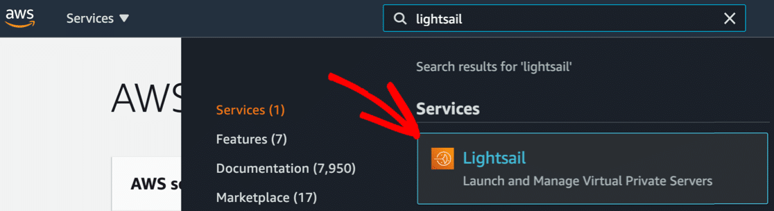 Searching for Lightsail in your AWS account