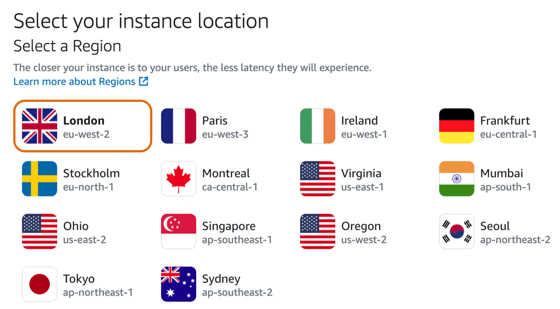 Selecting a region for your Lightsail instance